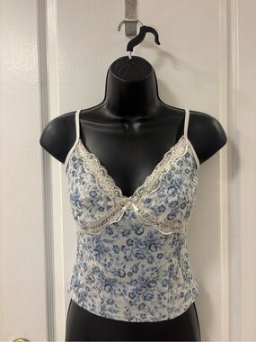 Garage Y2K Coquette Corset-Style Bow Lace Trim Blue Floral Mesh Cami Fairy Core